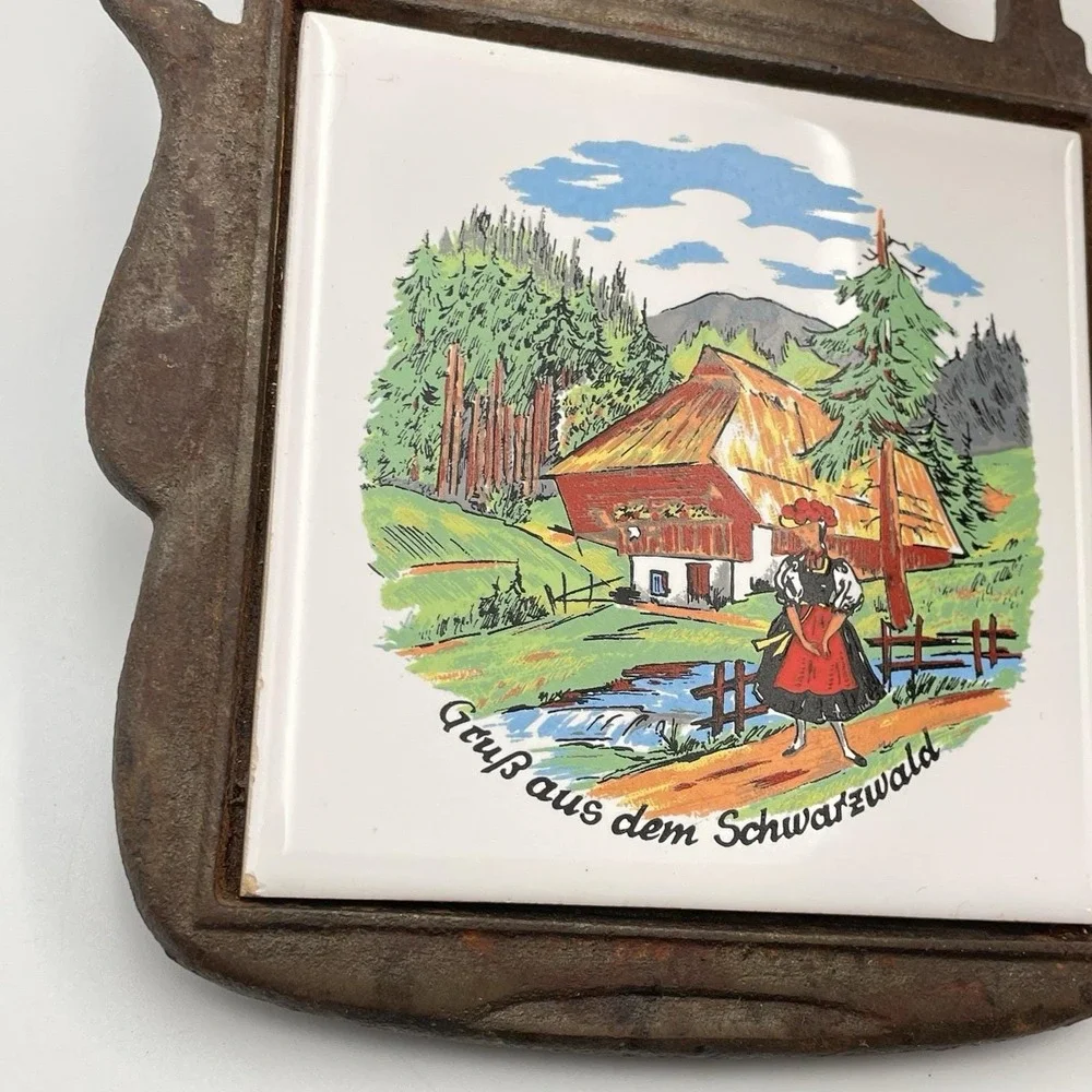 Vintage‎ 1960s Cast Iron Tile Trivet German Black Forest Schwarzwald